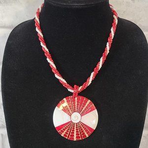 Pendant Necklace Seed Beed Shell Red Coral Abalone Inlay Seed Beads Botton Close